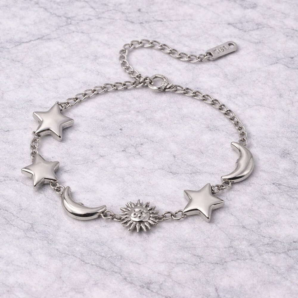 Celestial Star, Sun & Moon Bracelet- Silver Tone